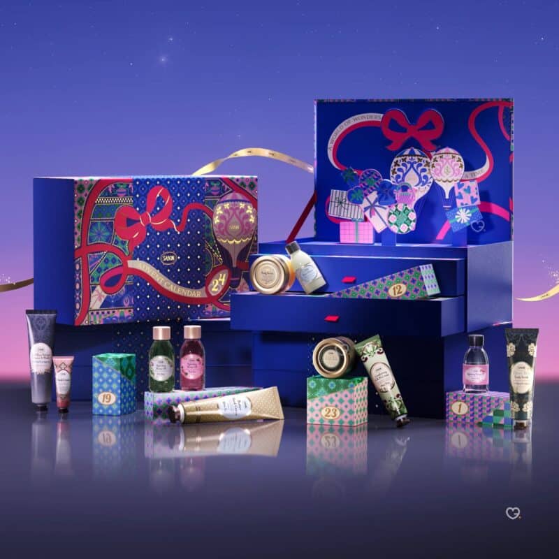 Sabon beauty advent calendar 2026 products displayed, body scrubs, shower oils and hand creams