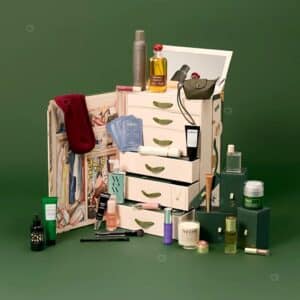 Vogue Festive Calendar 2026 open travel trunk revealing luxury beauty products across 25 drawers