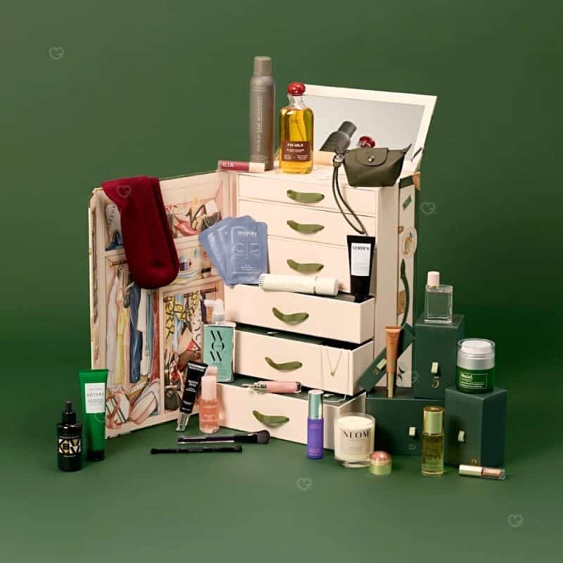 Vogue Festive Calendar 2026 open travel trunk revealing luxury beauty products across 25 drawers