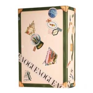Vogue Festive Calendar 2026 travel trunk box, cream with forest green piping and gold corners, closed view