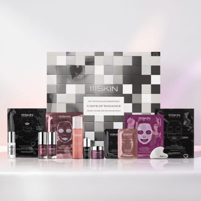 111Skin 11 Days of Radiance advent calendar 2026 full lineup of 13 products beside the silver chest