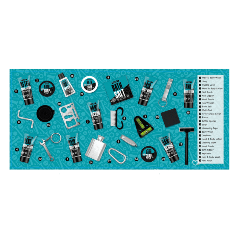Accentra Men Style Advent Calendar 2025 with 24 men’s grooming and skincare gifts for face and body, ideal for festive self-care.