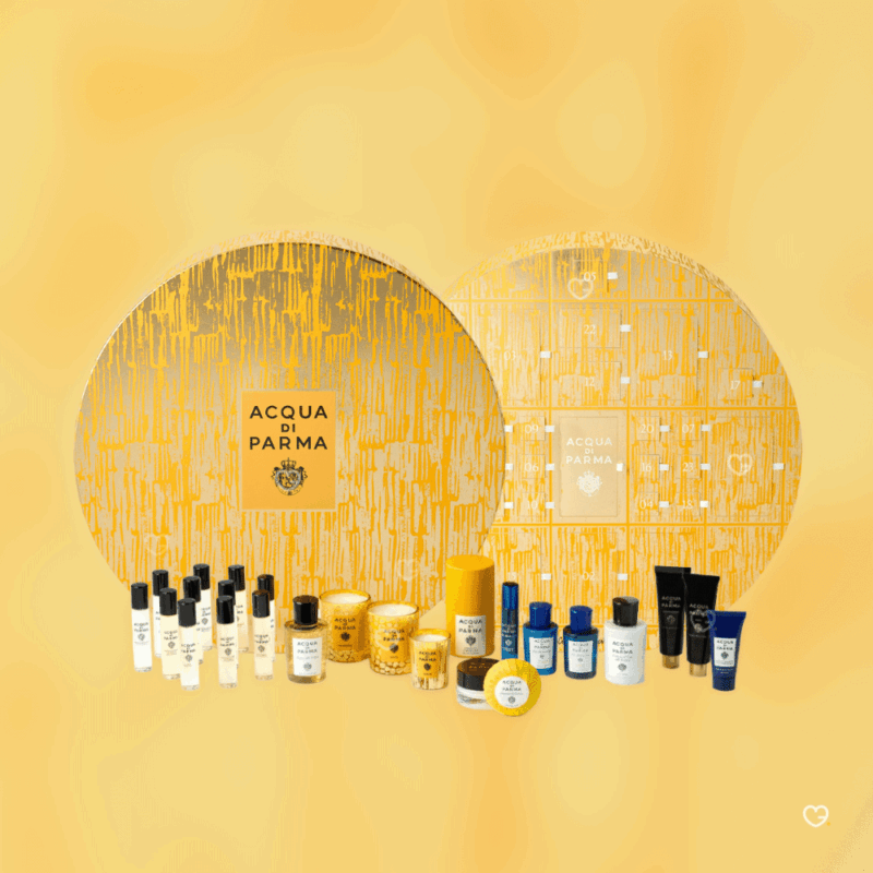 Acqua Di Parma Advent Calendar 2025 featuring 25 luxury mini perfumes, body care and candles in elegant yellow packaging for beauty lovers.