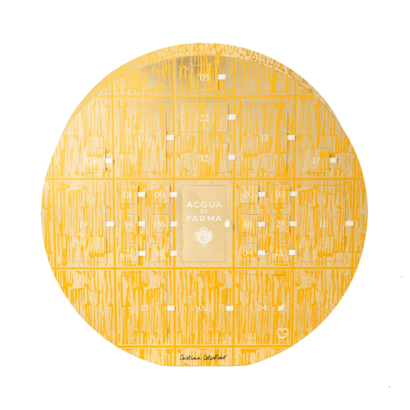 Acqua Di Parma Advent Calendar 2025 featuring 25 luxury mini perfumes, body care and candles in elegant yellow packaging for beauty lovers.