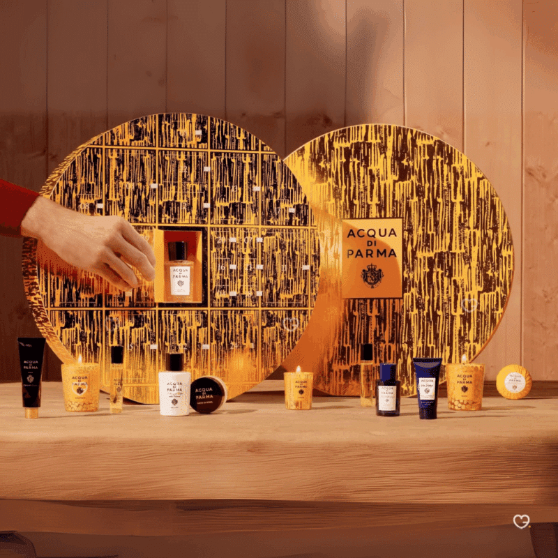 Acqua Di Parma Advent Calendar 2025 featuring 25 luxury mini perfumes, body care and candles in elegant yellow packaging for beauty lovers.