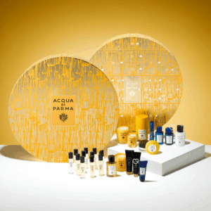 Acqua Di Parma Advent Calendar 2025 featuring 25 luxury mini perfumes, body care and candles in elegant yellow packaging for beauty lovers.