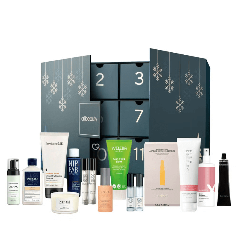 AllBeauty Advent Calendar 2025 with 12 festive days of luxury skincare, fragrances, and haircare minis, perfect for beauty lovers.