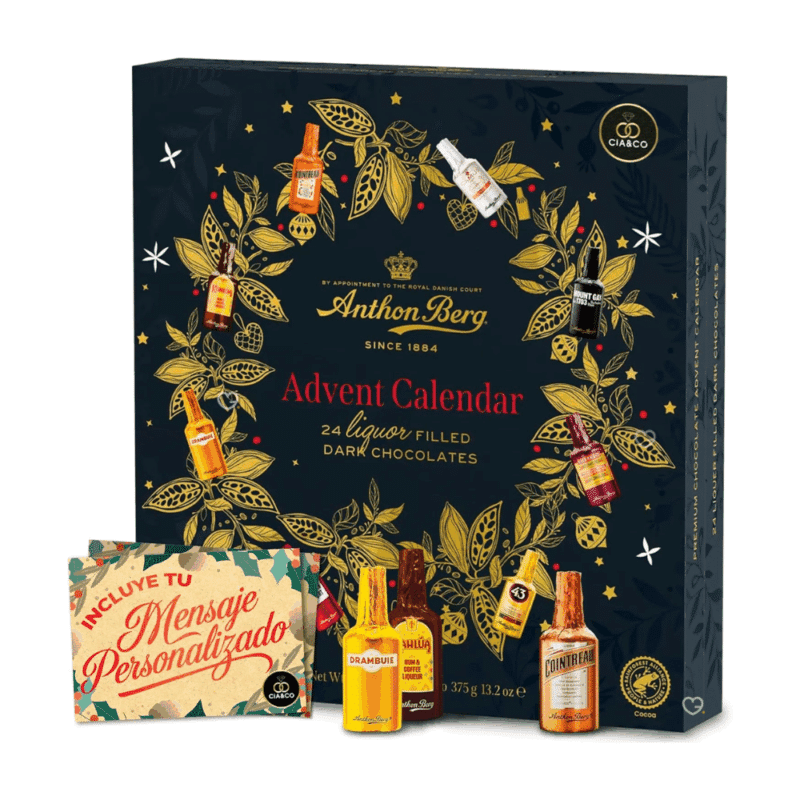 Anthon Berg Advent Calendar 2025 with 24 dark chocolate liquor bottles filled with rum, whisky, vodka, and cognac—perfect for adults who enjoy gourmet spirits.