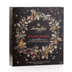 Anthon Berg Advent Calendar 2025 with 24 dark chocolate liquor bottles filled with rum, whisky, vodka, and cognac—perfect for adults who enjoy gourmet spirits.