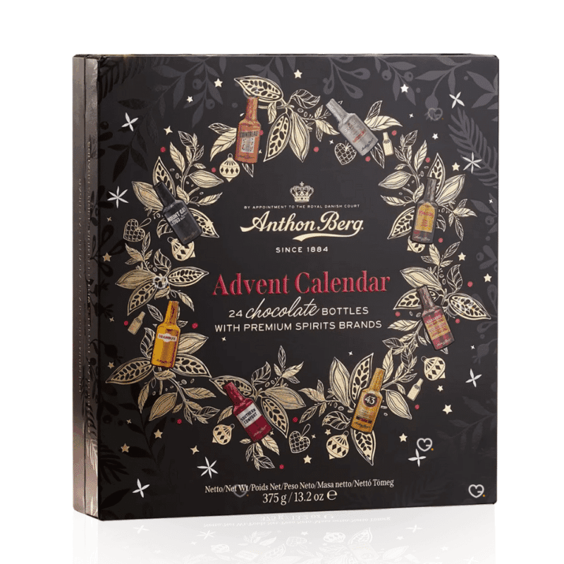 Anthon Berg Advent Calendar 2025 with 24 dark chocolate liquor bottles filled with rum, whisky, vodka, and cognac, perfect for adults who enjoy gourmet spirits.