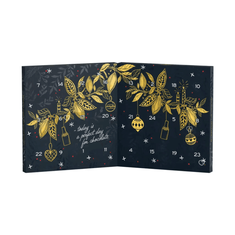 Anthon Berg Advent Calendar 2025 with 24 dark chocolate liquor bottles filled with rum, whisky, vodka, and cognac, perfect for adults who enjoy gourmet spirits.