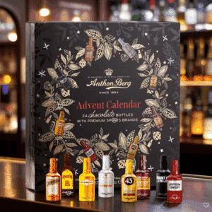 Anthon Berg Advent Calendar 2025 with 24 dark chocolate liquor bottles filled with rum, whisky, vodka, and cognac—perfect for adults who enjoy gourmet spirits.