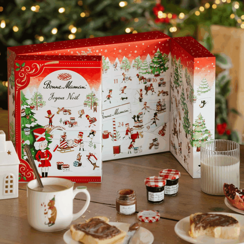 Bonne Maman Advent Calendar 2025 with 23 gourmet jams, caramels and spreads in festive packaging, perfect for adult food lovers.