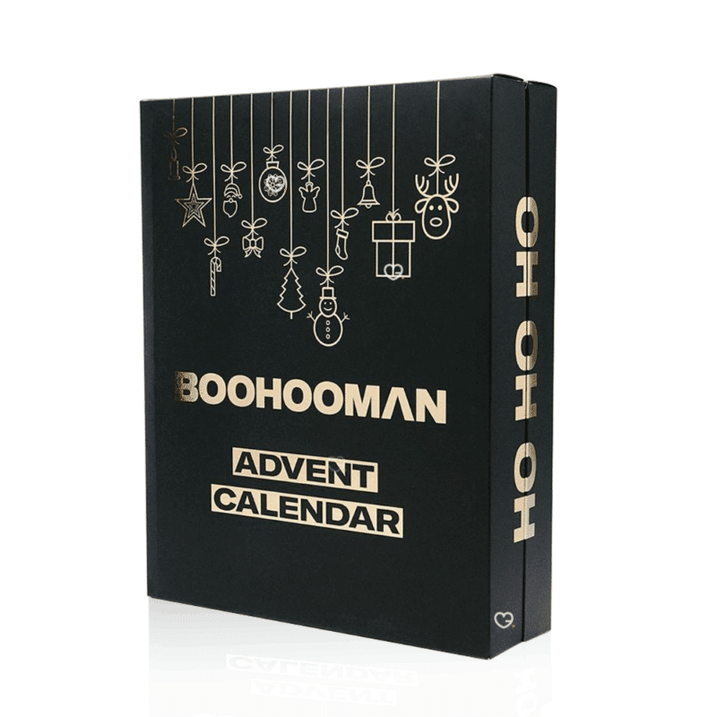 BoohooMAN Advent Calendar 2025 featuring 24 premium men’s grooming products in sleek black packaging, perfect for style-conscious men. Perfect gift for beauty for men
