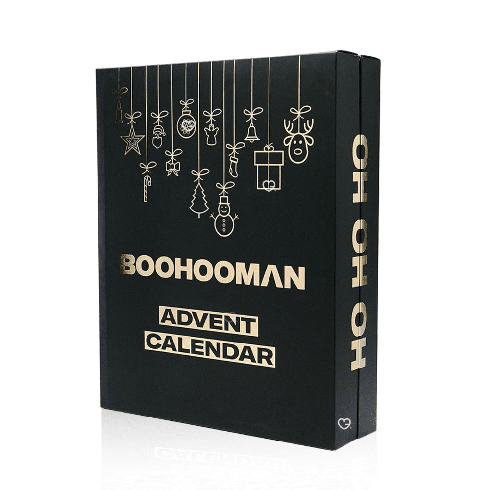 BoohooMAN Advent Calendar 2025 featuring 24 premium men’s grooming products in sleek black packaging, perfect for style-conscious men. Perfect gift for beauty for men