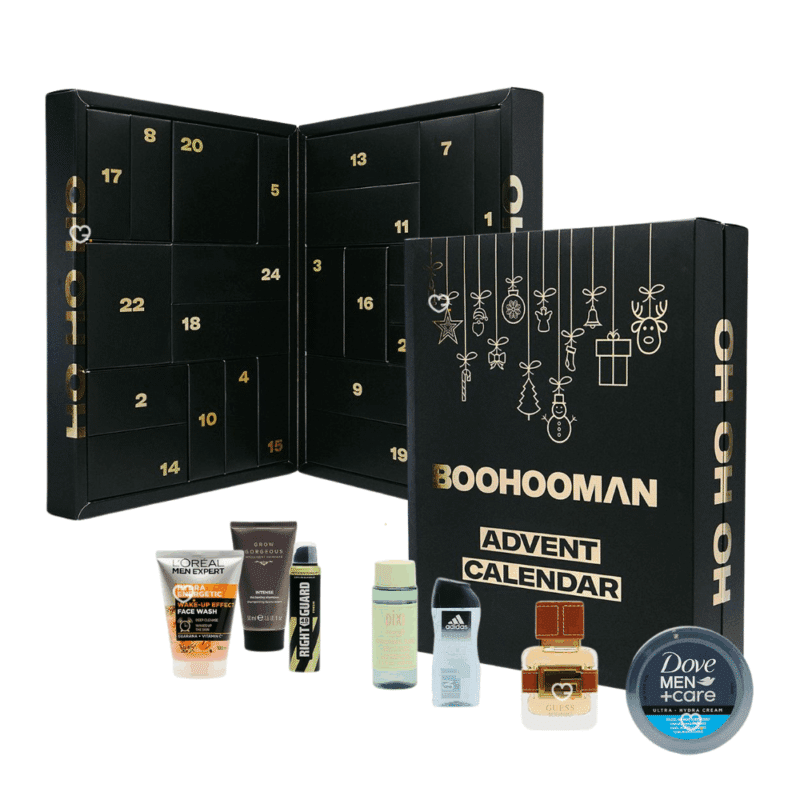 BoohooMAN Advent Calendar 2025 featuring 24 premium men’s grooming products in sleek black packaging, perfect for style-conscious men. Perfect gift for beauty for men