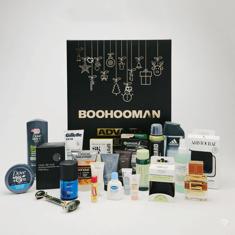 BoohooMAN Advent Calendar 2025 featuring 24 premium men’s grooming products in sleek black packaging, perfect for style-conscious men. Perfect gift for beauty for men