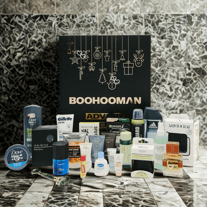 BoohooMAN Advent Calendar 2025 featuring 24 premium men’s grooming products in sleek black packaging, perfect for style-conscious men. Perfect gift for beauty for men