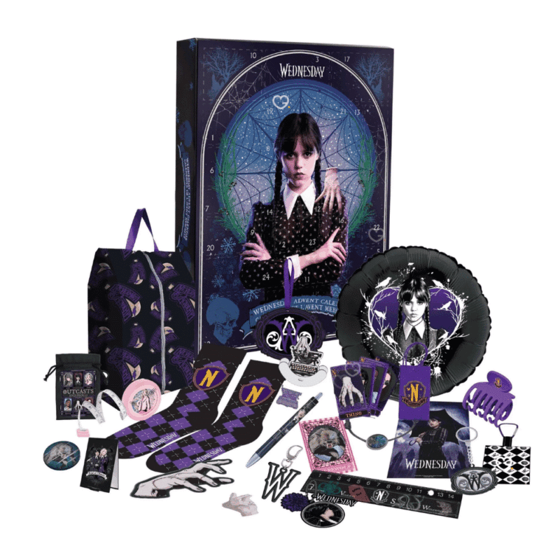 Cinereplicas Wednesday Advent Calendar 2025 with 24 gothic-themed gifts like jewellery, stationery and accessories for Wednesday fans.