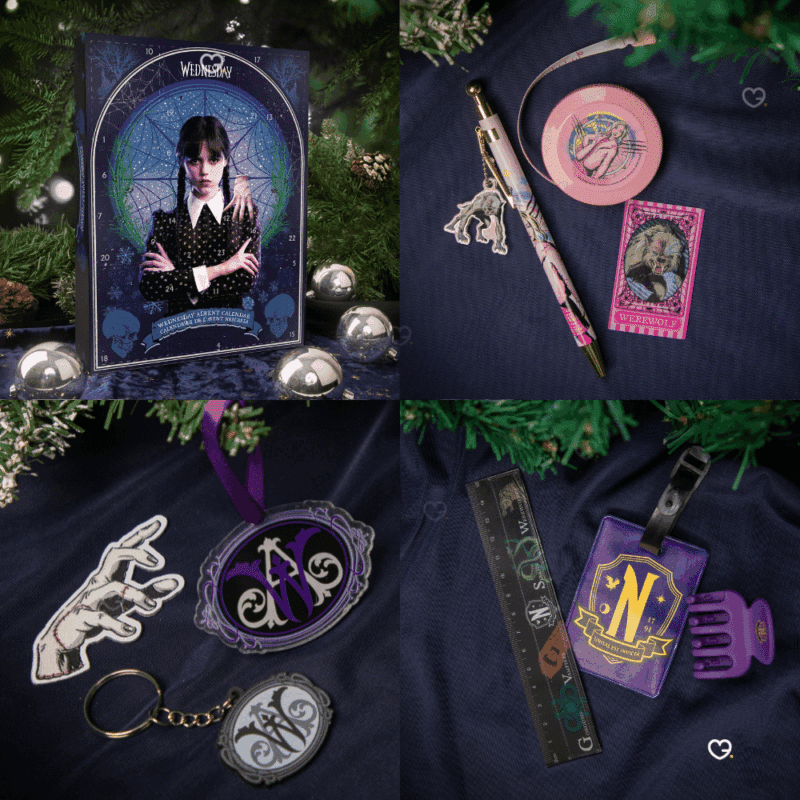 Cinereplicas Wednesday Advent Calendar 2025 with 24 gothic-themed gifts like jewellery, stationery and accessories for Wednesday fans.