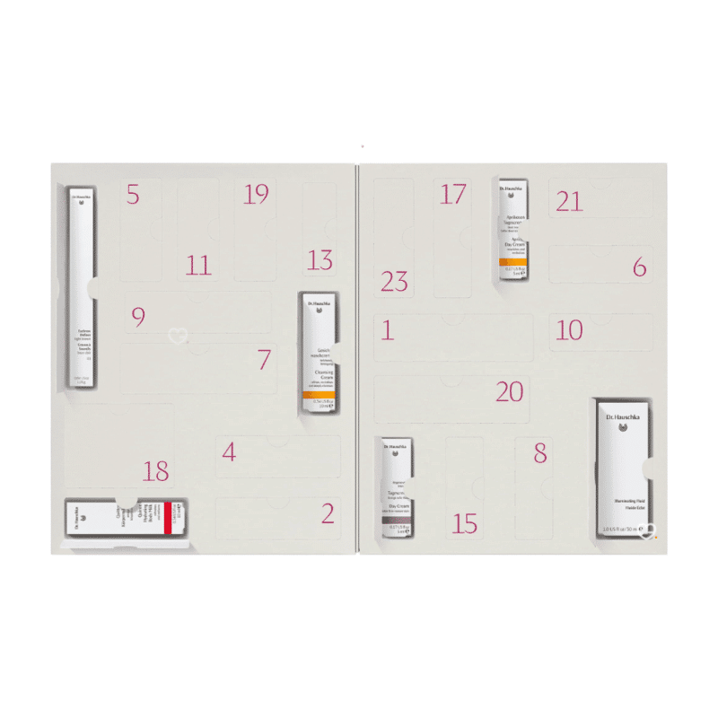 Dr. Hauschka Advent Calendar 2025 with 24 natural skincare treats in festive packaging, perfect for eco-conscious beauty lovers.