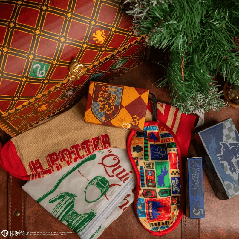 Harry Potter Deluxe Quiddtich Advent Calendar 2025 with 24 themed gifts like socks, keychain, and Golden Snitch items for collectors and fans.