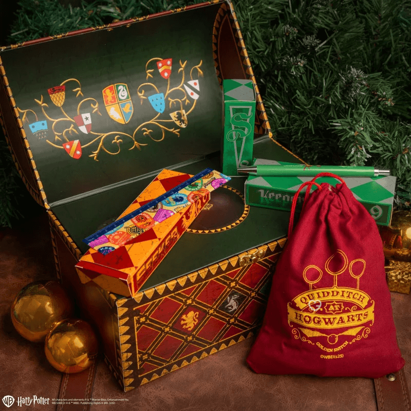 Harry Potter Deluxe Quiddtich Advent Calendar 2025 with 24 themed gifts like socks, keychain, and Golden Snitch items for collectors and fans.