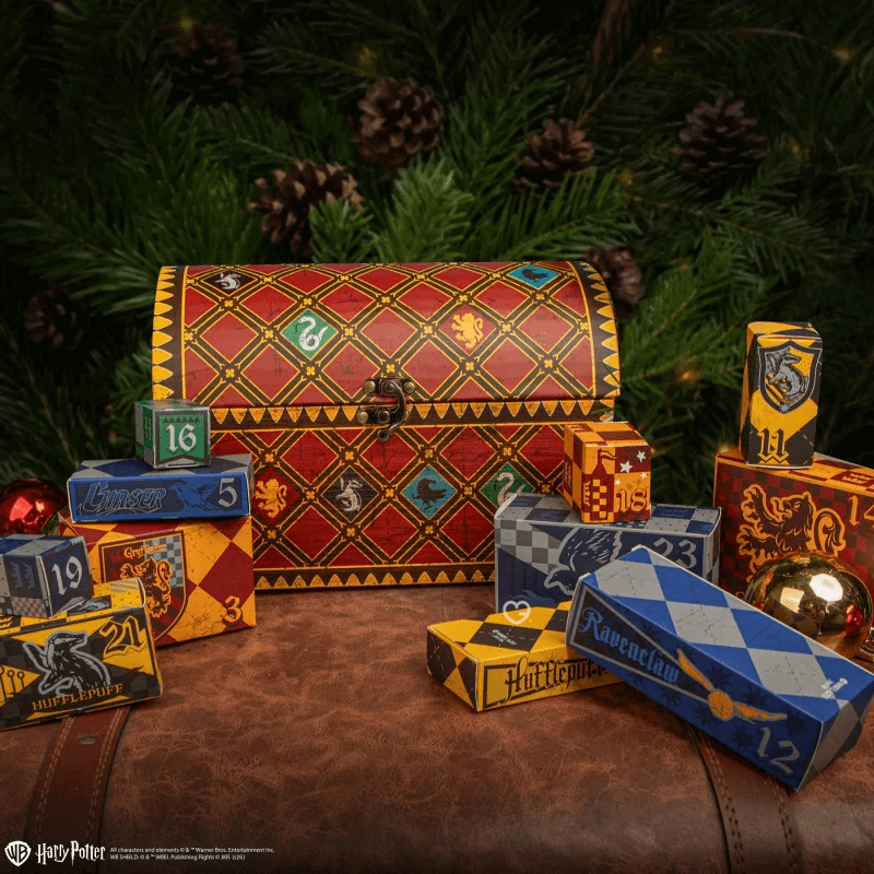 Harry Potter Deluxe Quiddtich Advent Calendar 2025 with 24 themed gifts like socks, keychain, and Golden Snitch items for collectors and fans.