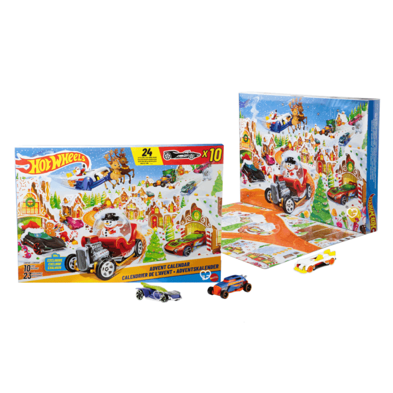 Hot Wheels Advent Calendar 2025 with 34 pieces, 10 miniature cars and 24 festive accessories. Perfect for kids and collectors.