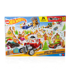 Hot Wheels Advent Calendar 2025 with 34 pieces, 10 miniature cars and 24 festive accessories. Perfect for kids and collectors.
