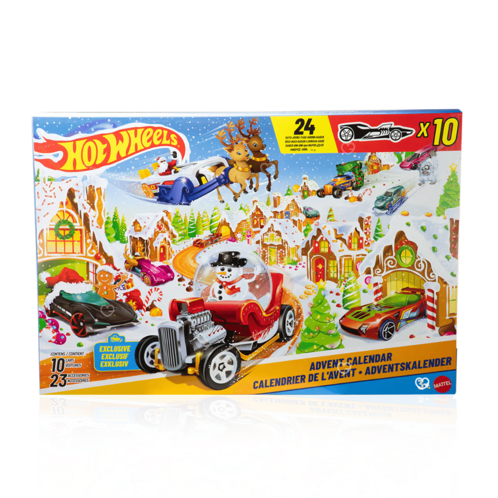 Hot Wheels Advent Calendar 2025 with 34 pieces, 10 miniature cars and 24 festive accessories. Perfect for kids and collectors.