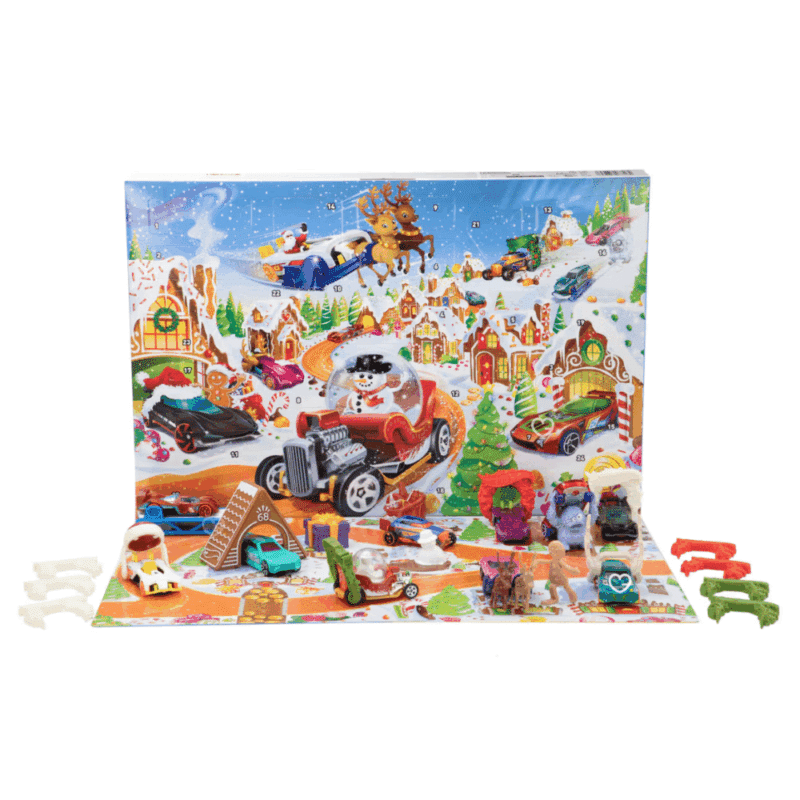 Hot Wheels Advent Calendar 2025 with 34 pieces, 10 miniature cars and 24 festive accessories. Perfect for kids and collectors.