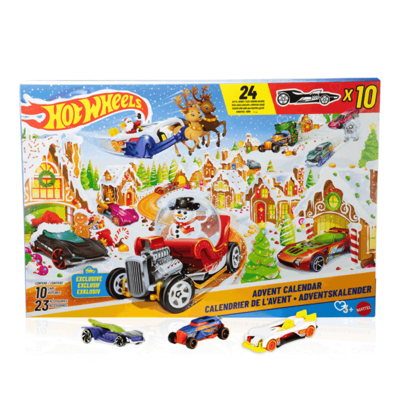 Hot Wheels Advent Calendar 2025 with 34 pieces, 10 miniature cars and 24 festive accessories. Perfect for kids and collectors.