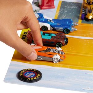Hot Wheels Advent Calendar 2025 with 34 pieces, 10 miniature cars and 24 festive accessories. Perfect for kids and collectors.