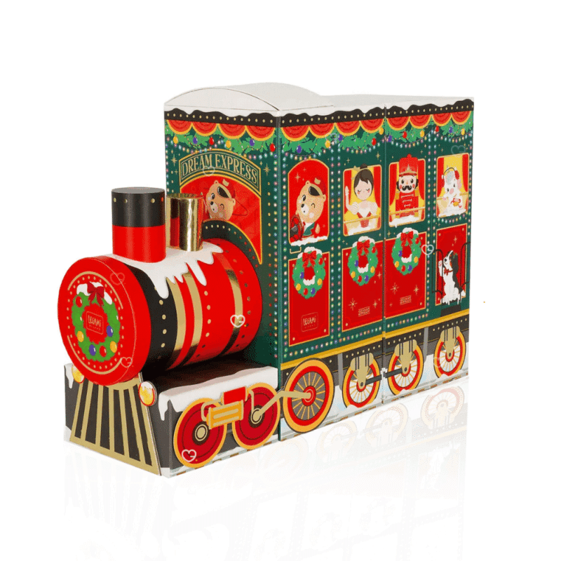Legami Advent Calendar 2025 with 24 stationery surprises in a glittery reusable train-shaped box, perfect for creative adults.