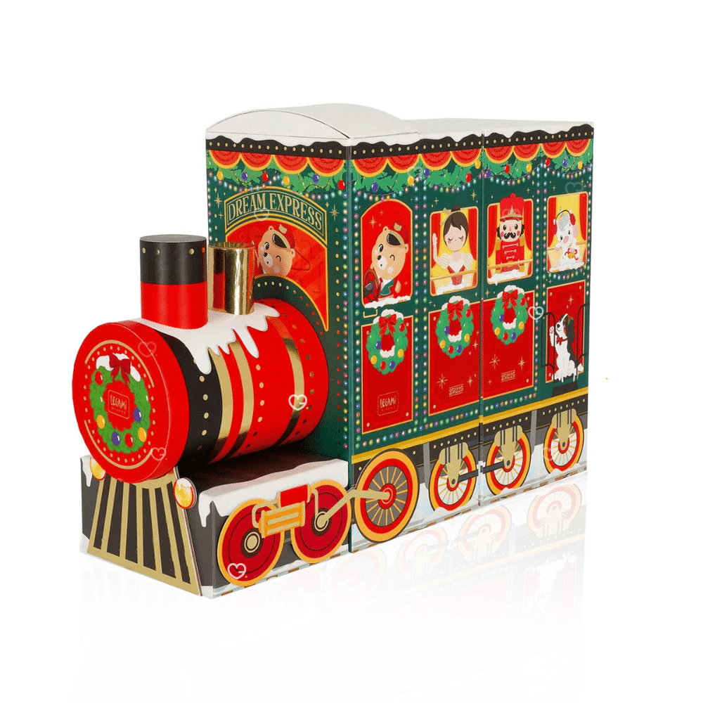 Legami Advent Calendar 2025 with 24 stationery surprises in a glittery reusable train-shaped box, perfect for creative adults.