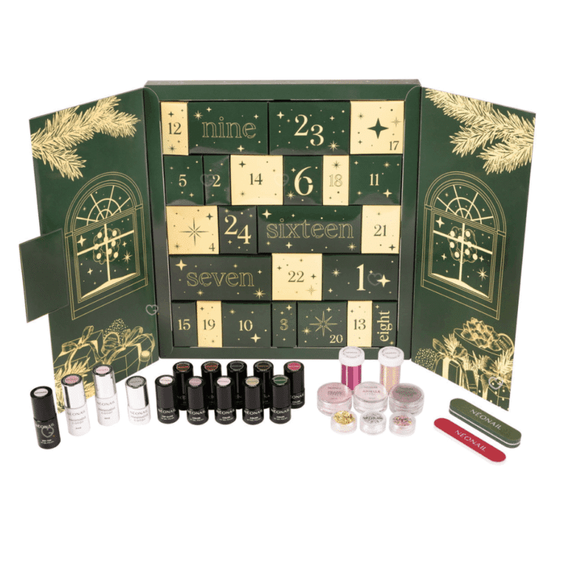 Neonail Advent Calendar 2025 with 24 nail polishes, bases and nail art surprises in festive packaging for beauty enthusiasts.