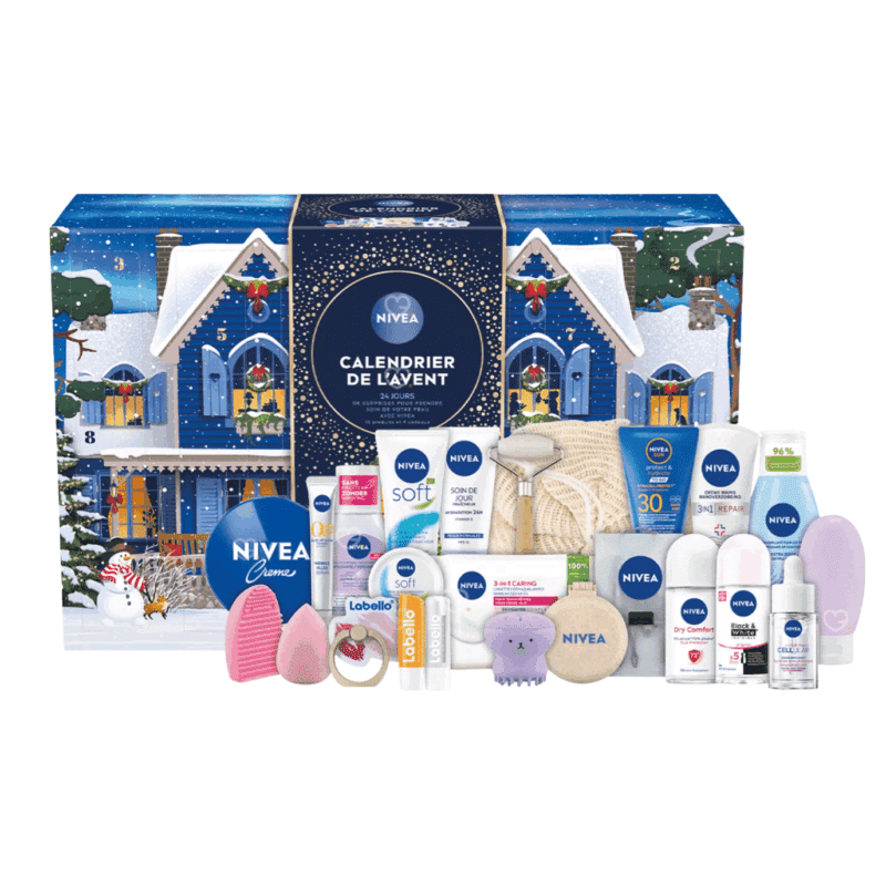 Nivea Advent Calendar 2025 with 24 festive skincare surprises including creams, lip care and beauty accessories for women.