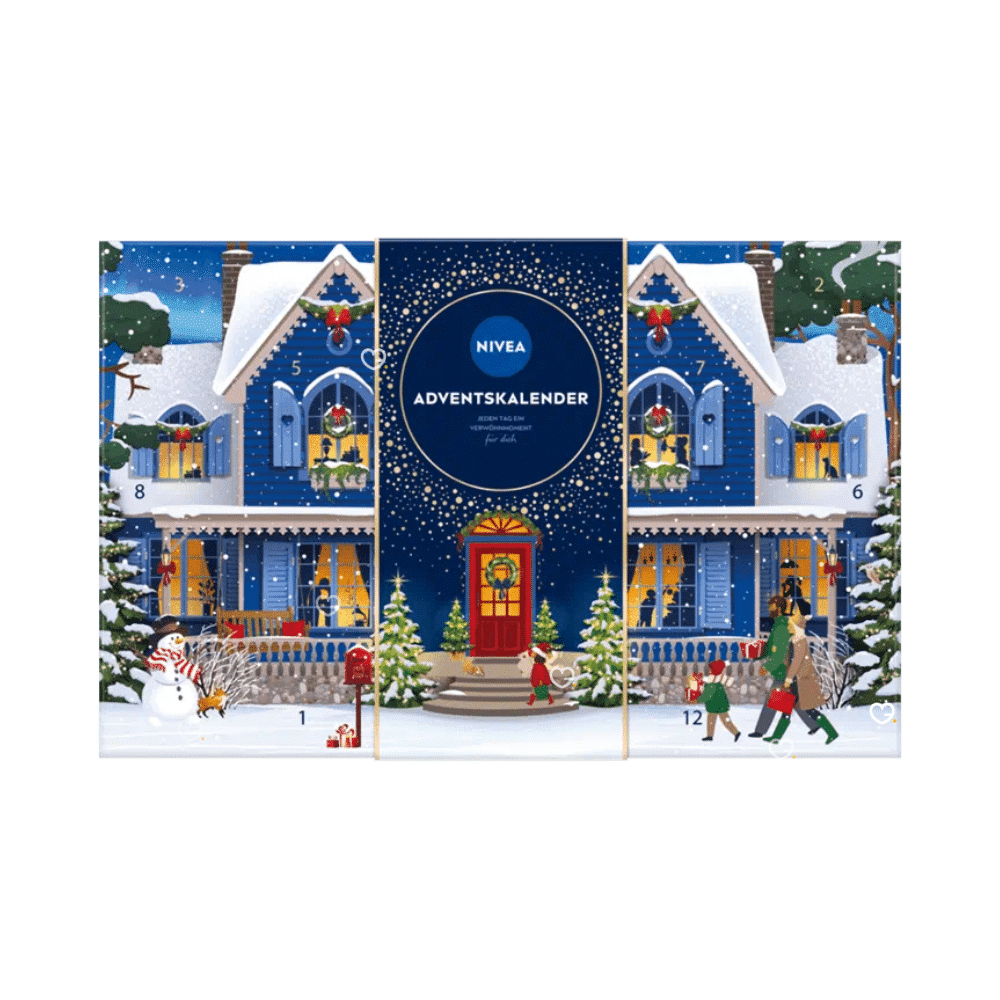 Nivea Advent Calendar 2025 with 24 festive skincare surprises including creams, lip care and beauty accessories for women.