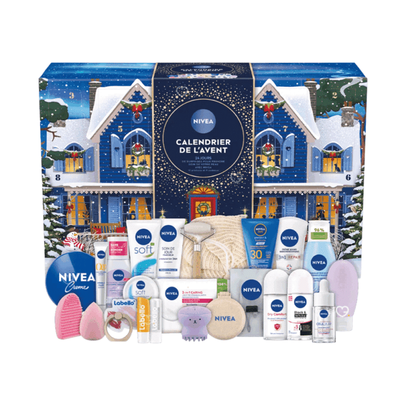 Nivea Advent Calendar 2025 with 24 festive skincare surprises including creams, lip care and beauty accessories for women.