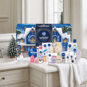 Nivea Advent Calendar 2025 with 24 festive skincare surprises including creams, lip care and beauty accessories for women.