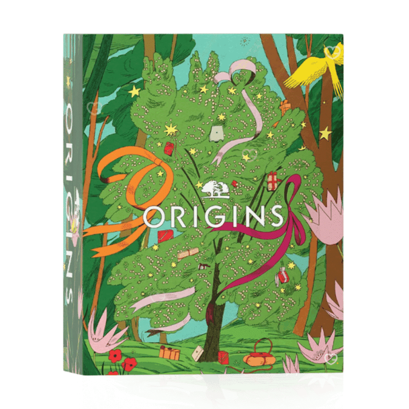 Origins Advent Calendar 2025 with 24 mini skincare treats including masks, creams and serums in festive packaging for beauty enthusiasts.