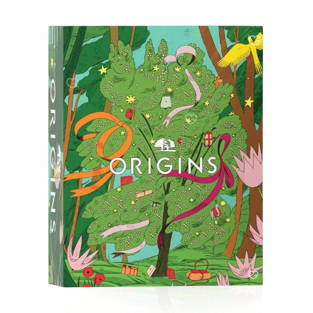 Origins Advent Calendar 2025 with 24 mini skincare treats including masks, creams and serums in festive packaging for beauty enthusiasts.
