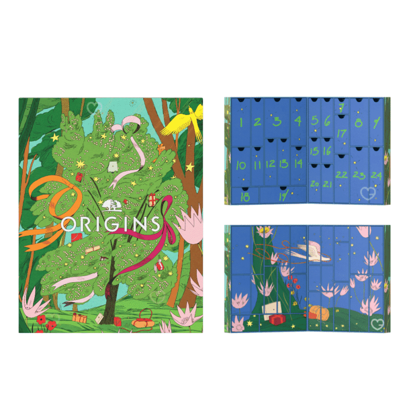 Origins Advent Calendar 2025 with 24 mini skincare treats including masks, creams and serums in festive packaging for beauty enthusiasts.