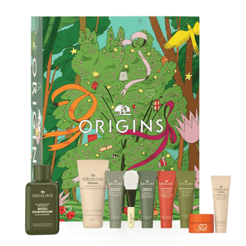 Origins Advent Calendar 2025 with 24 mini skincare treats including masks, creams and serums in festive packaging for beauty enthusiasts.