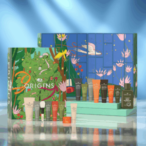 Origins Advent Calendar 2025 with 24 mini skincare treats including masks, creams and serums in festive packaging for beauty enthusiasts.