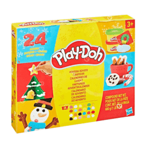 Play Doh Advent Calendar 2025 with 24 colourful dough pots, 28 festive tools and playmat for creative Christmas fun for kids aged 3–8.