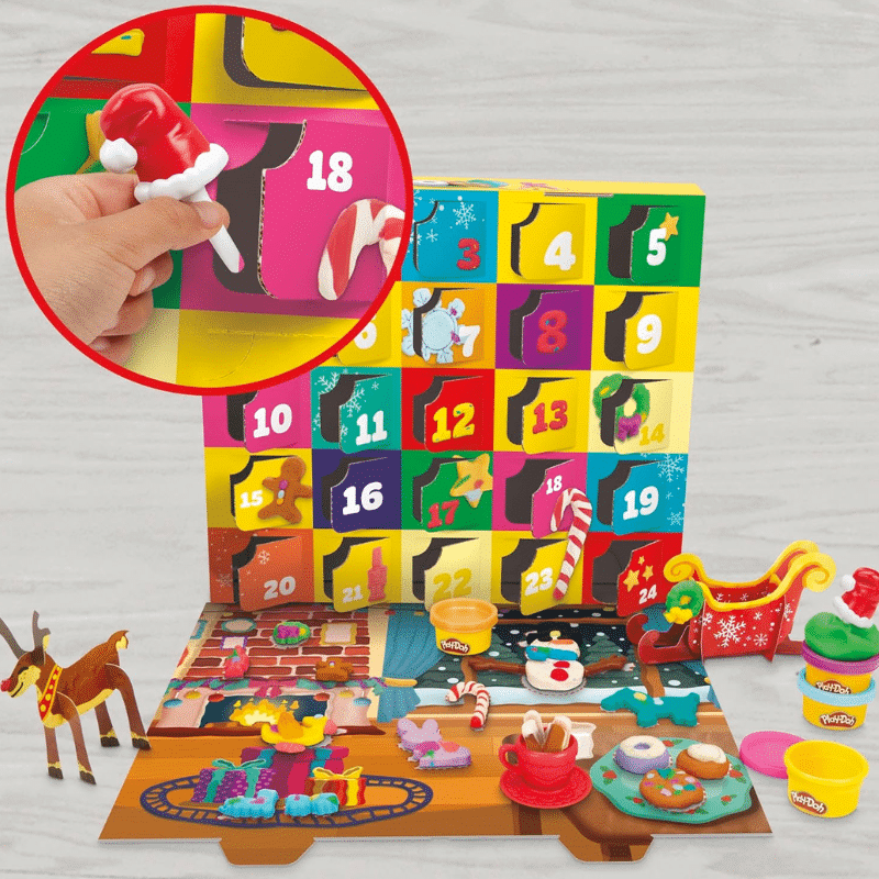 Play Doh Advent Calendar 2025 with 24 colourful dough pots, 28 festive tools and playmat for creative Christmas fun for kids aged 3–8.