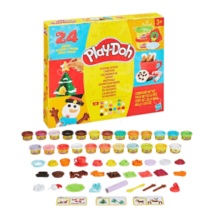 Play Doh Advent Calendar 2025 with 24 colourful dough pots, 28 festive tools and playmat for creative Christmas fun for kids aged 3–8.