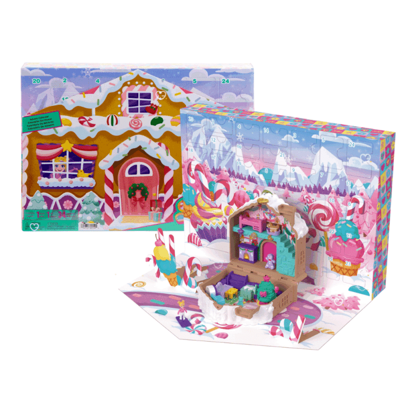Polly Pocket Advent Calendar 2025 with 24 festive surprises, mini Polly figurine and gingerbread house playset for kids’ holiday fun.